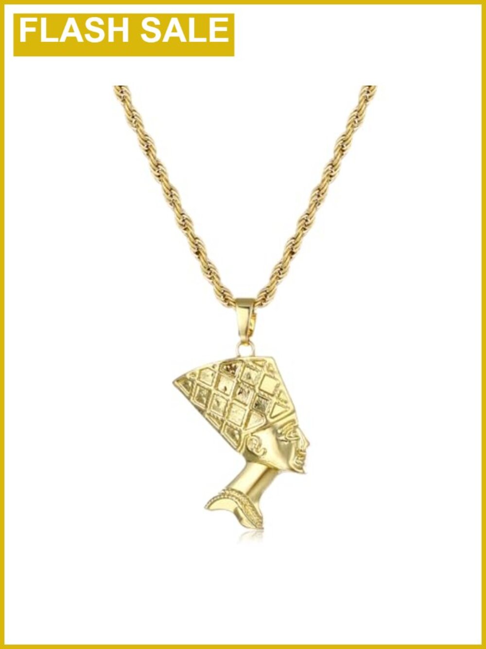 14K Gold Plated Nefertiti Pendant Necklace Rope Chain Stainless Steel